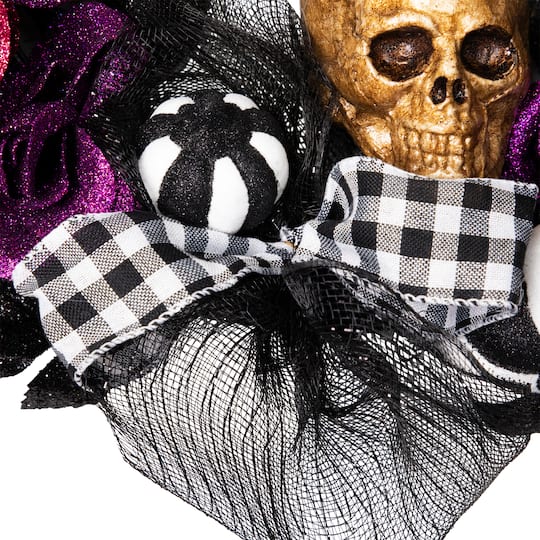 22" Skull with Hands & Purple Roses Halloween Twig Wreath
